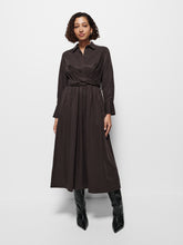 Load image into Gallery viewer, Woman wearing a long brown dress with a belt on a white background
